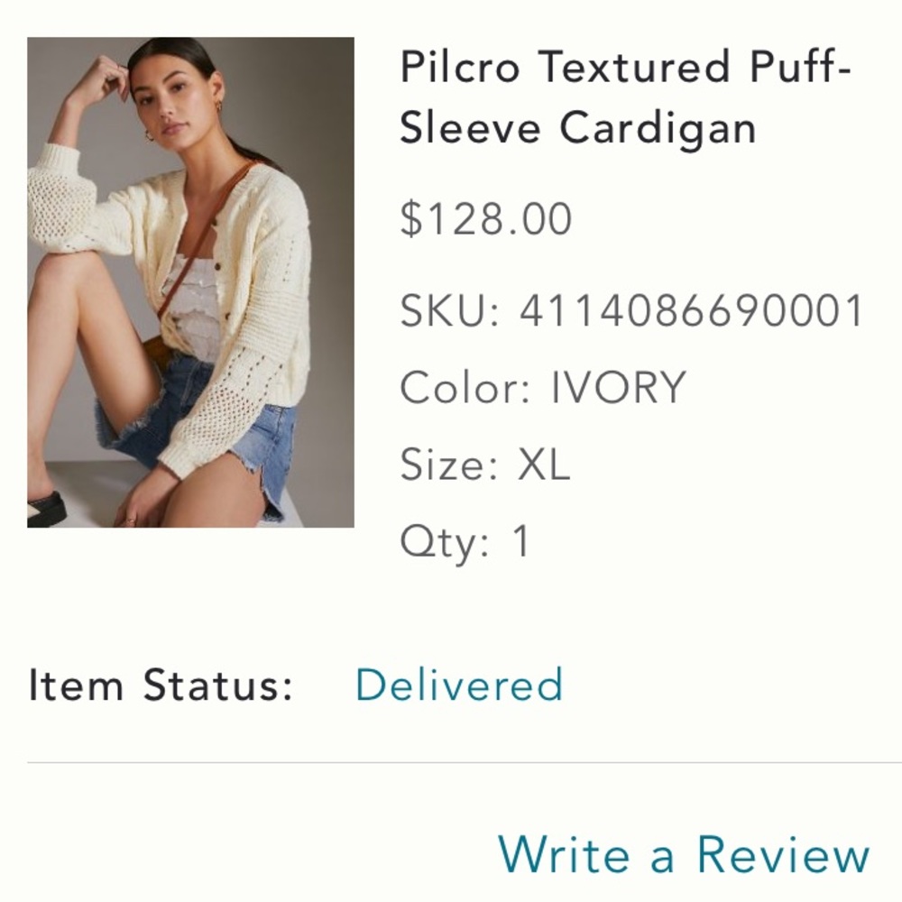 Pilcro by Anthropologie textured puff sleeve cardigan in Ivory w/tortoise button